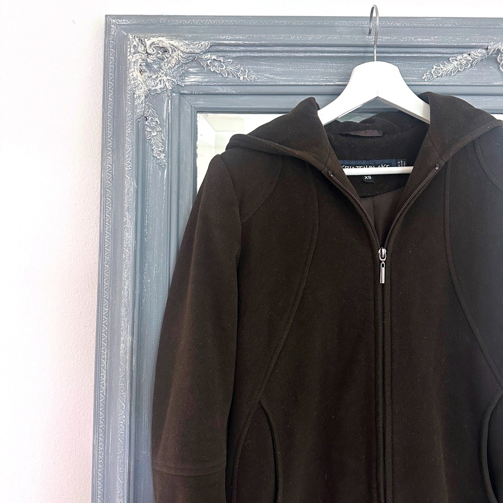 Kristen‎ Blake Brown Wool Cashmere Hooded Zip Front Coat Italian Fabric XS